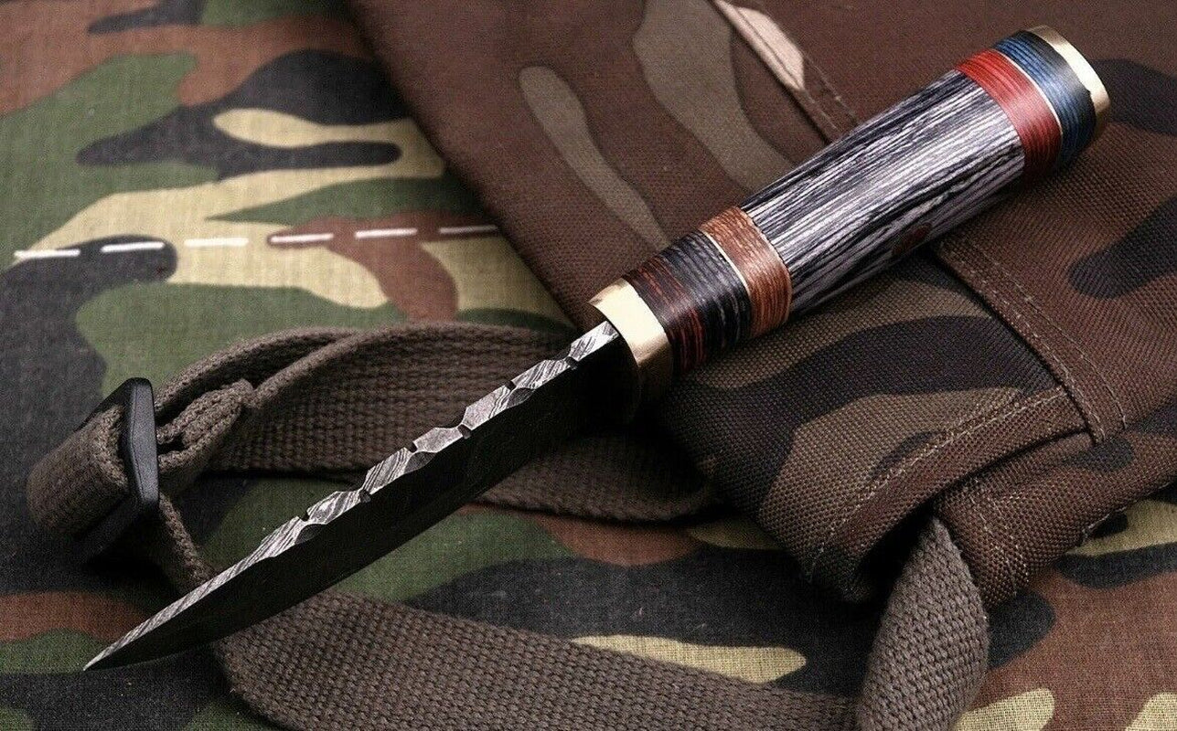 Damascus Steel Skinning Knife with Wood Handle and Brass Guard