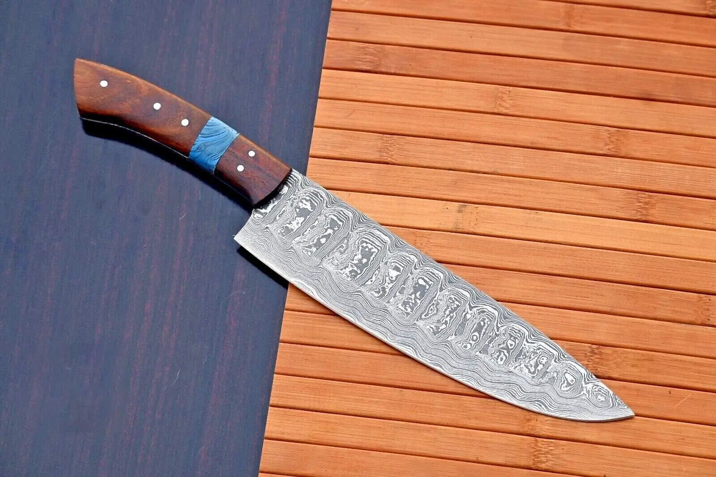 Custom Damascus Chef Knife with Wood Handle
