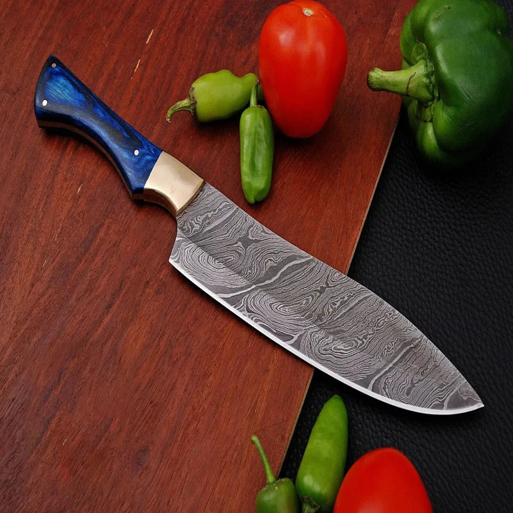 Handmade Damascus Chef Knife with Wood Blue Handle