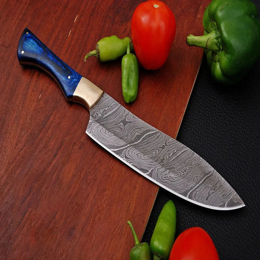 Handmade Damascus Chef Knife with Wood Blue Handle