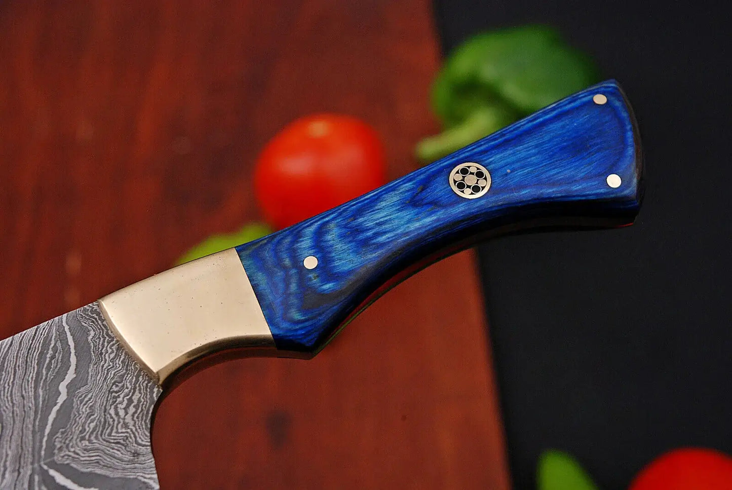 Handmade Damascus Chef Knife with Wood Blue Handle