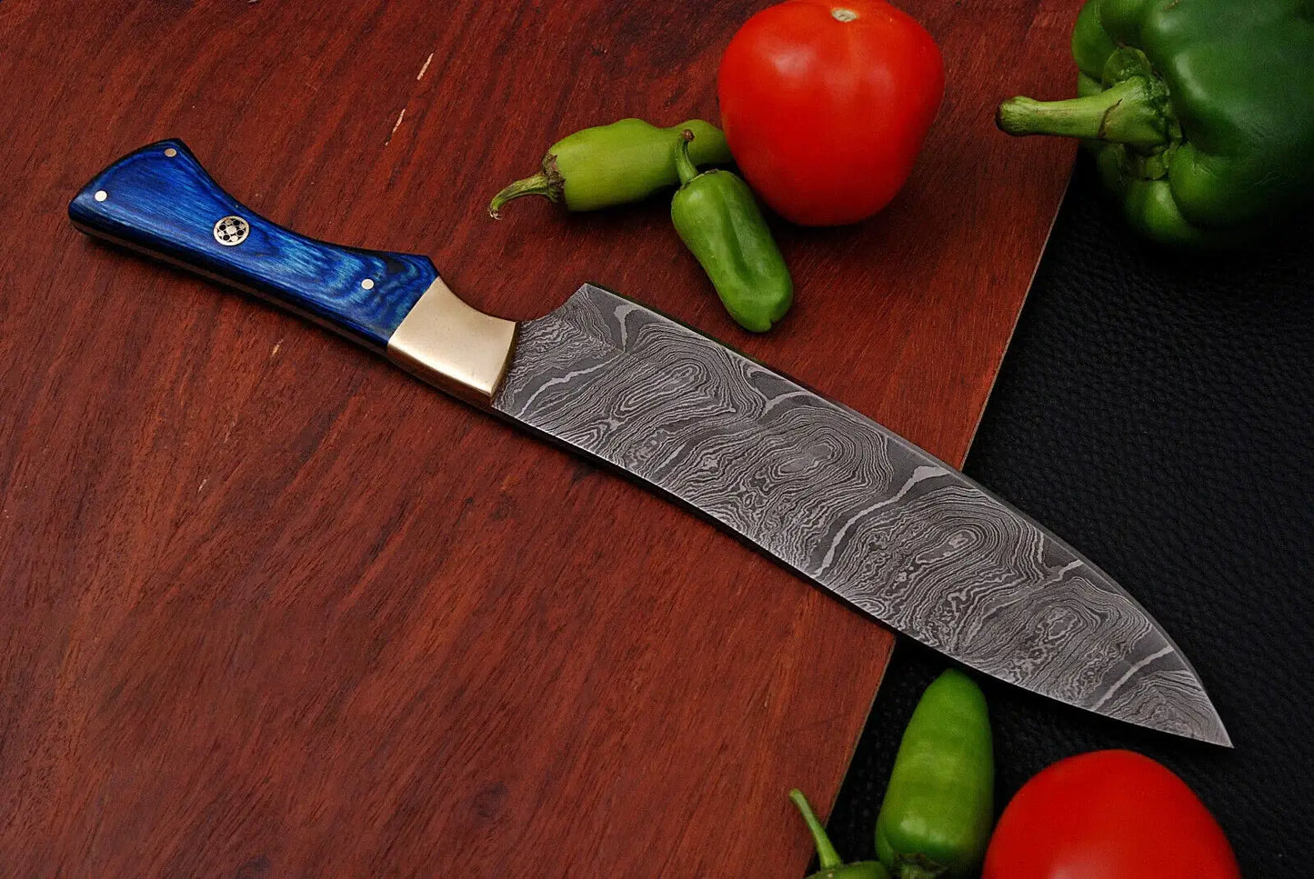 Handmade Damascus Chef Knife with Wood Blue Handle