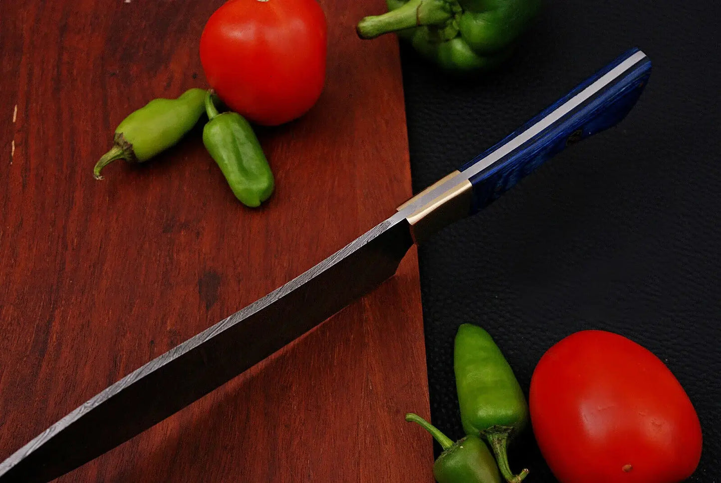Handmade Damascus Chef Knife with Wood Blue Handle
