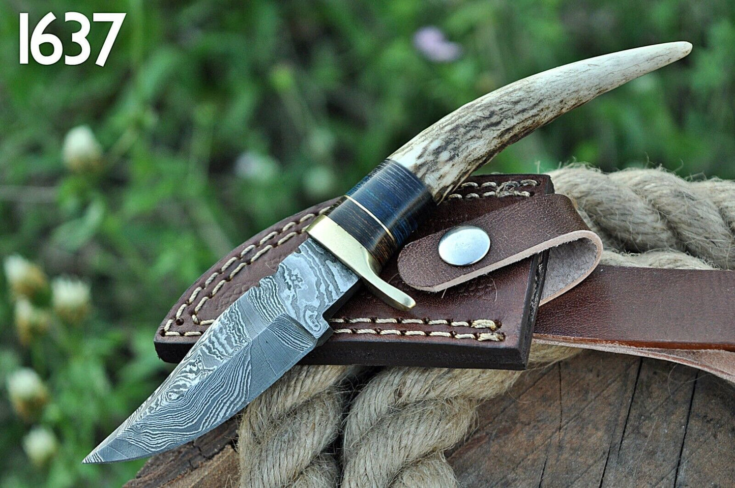 Handmade Damascus Steel Skinning Knife with Stag Antler Handle