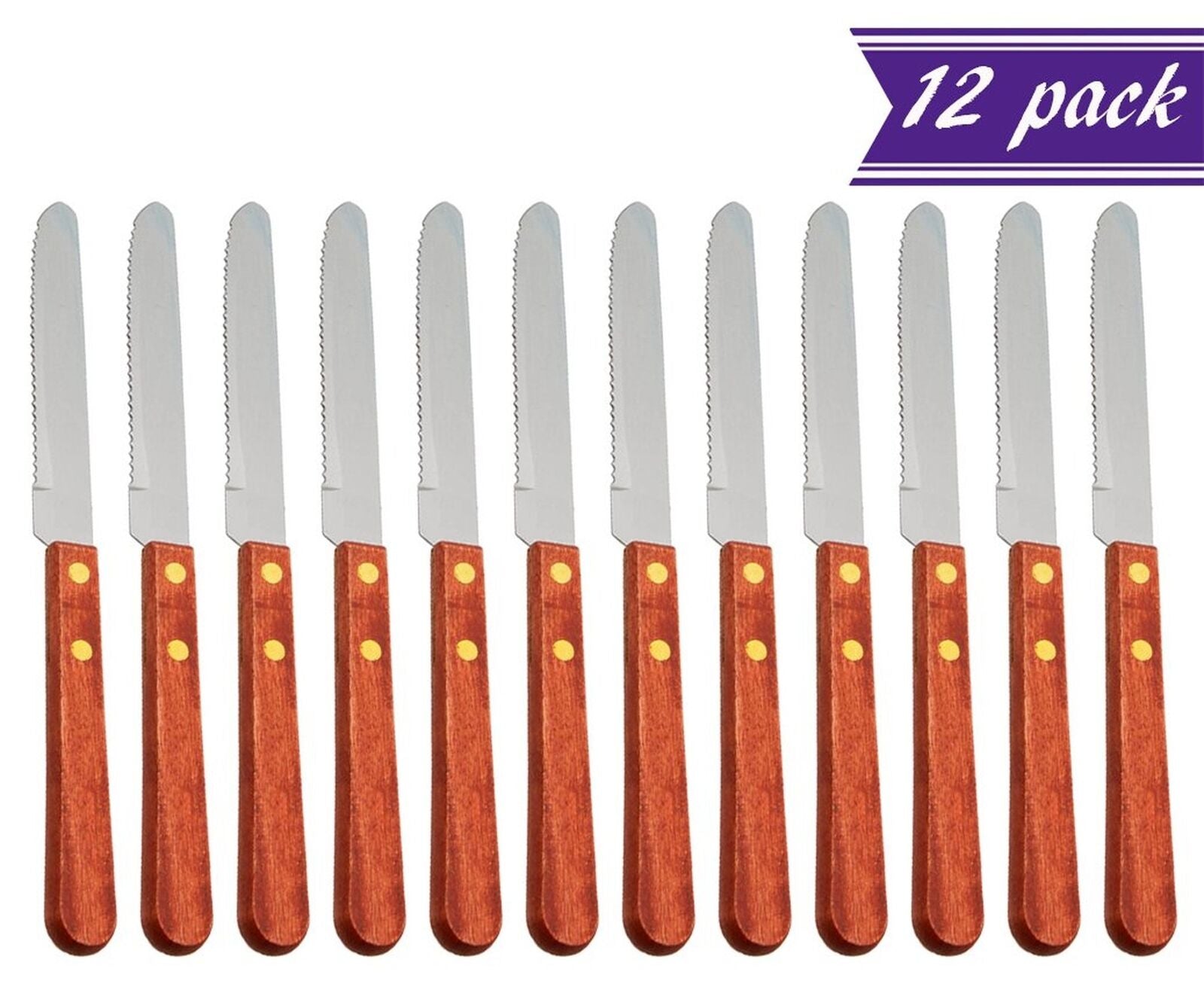 (Set of 12) 4-Inch Rounded Serrated Stainless Steel Blade Steak Knives W Wooden