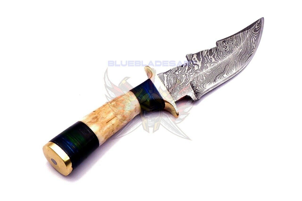 Custom Hand Forged Damascus Steel Bowie Knife with Deer Antler Handle