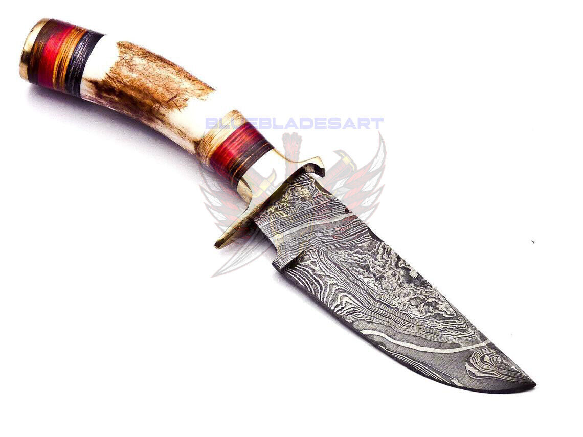 Handmade Custom Forged Damascus Steel Knife with Deer Antler Knife Handle