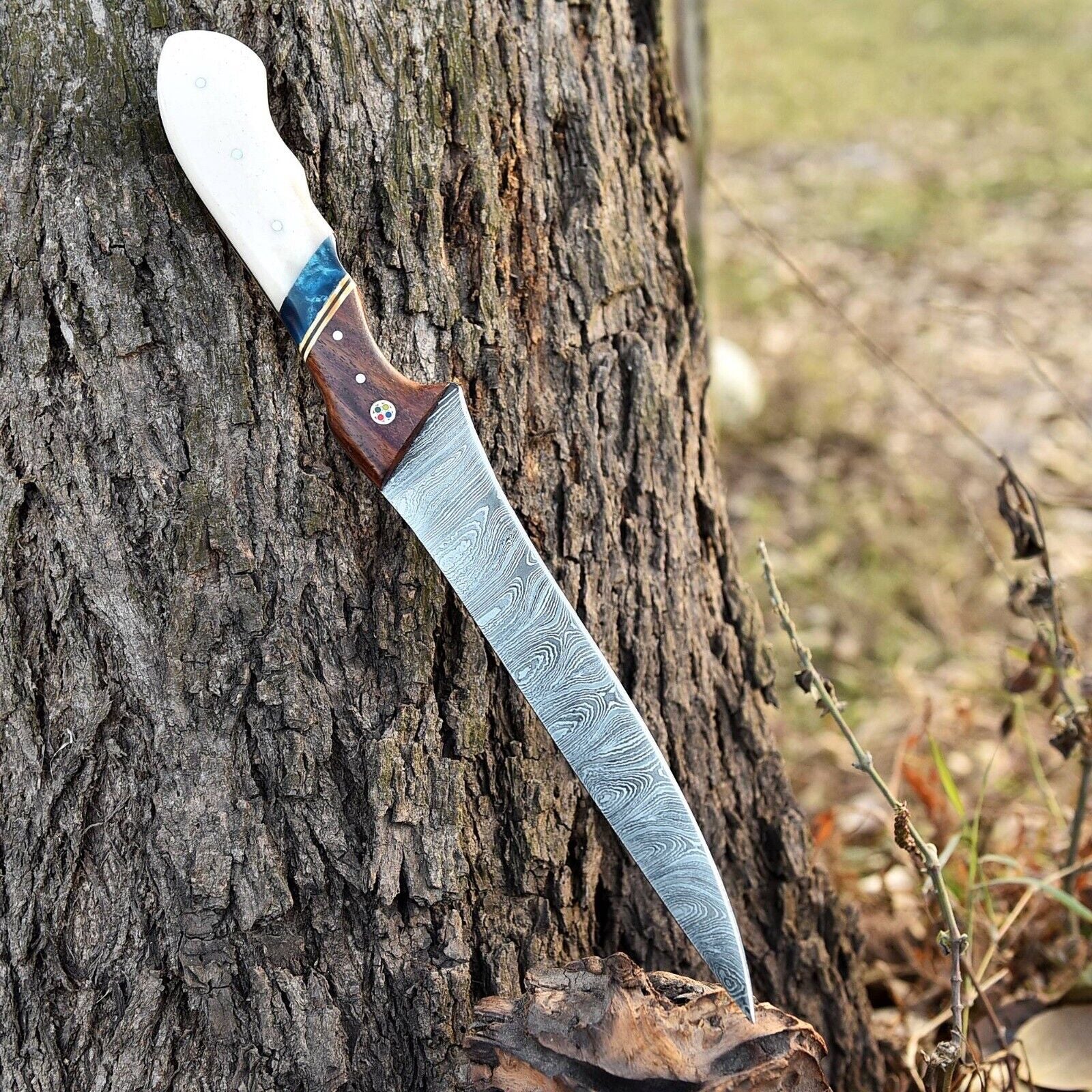 Damascus Fish Fillet Knife with Camel Bone and Resin Handle