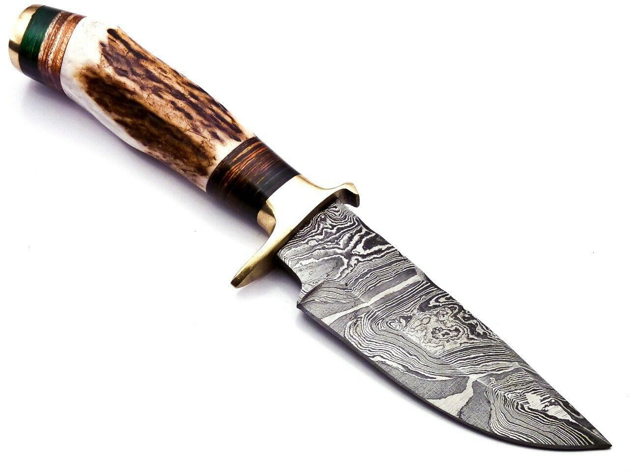 Damascus Steel Hunting Bowie Knife with Stag Handle and Brass Guard