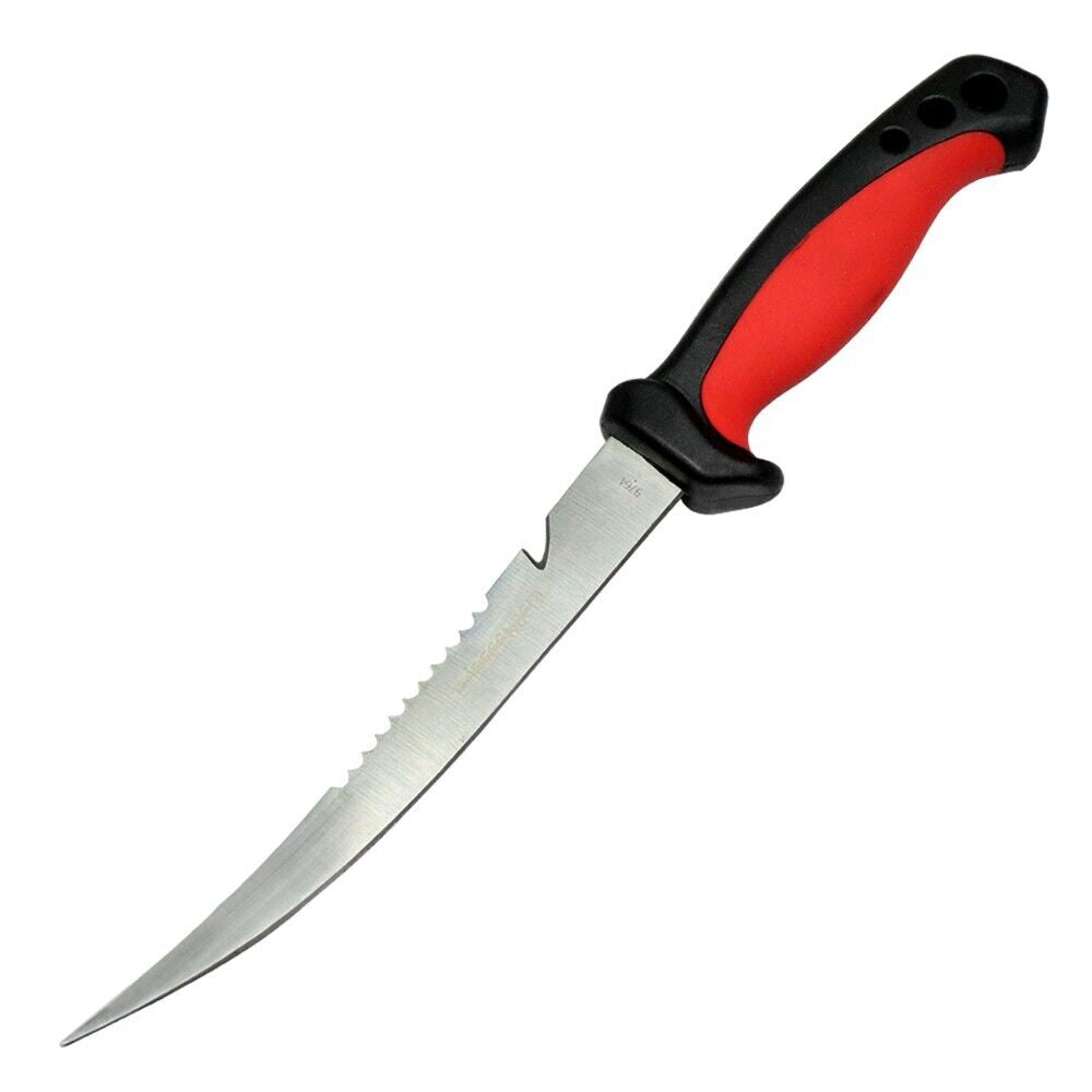 Fishing Fillet Knife with Serrated Edge and Red Grip Handle