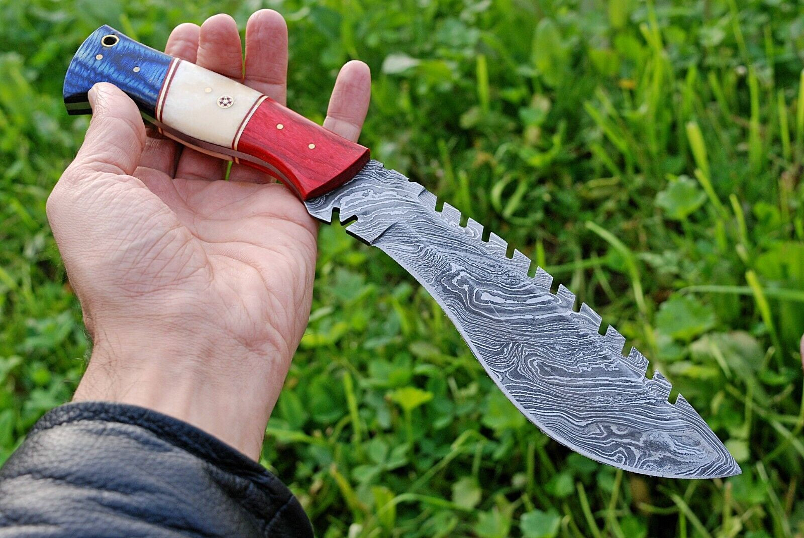 Custom Forged Damascus Steel Kukri Knife with Bone Handle