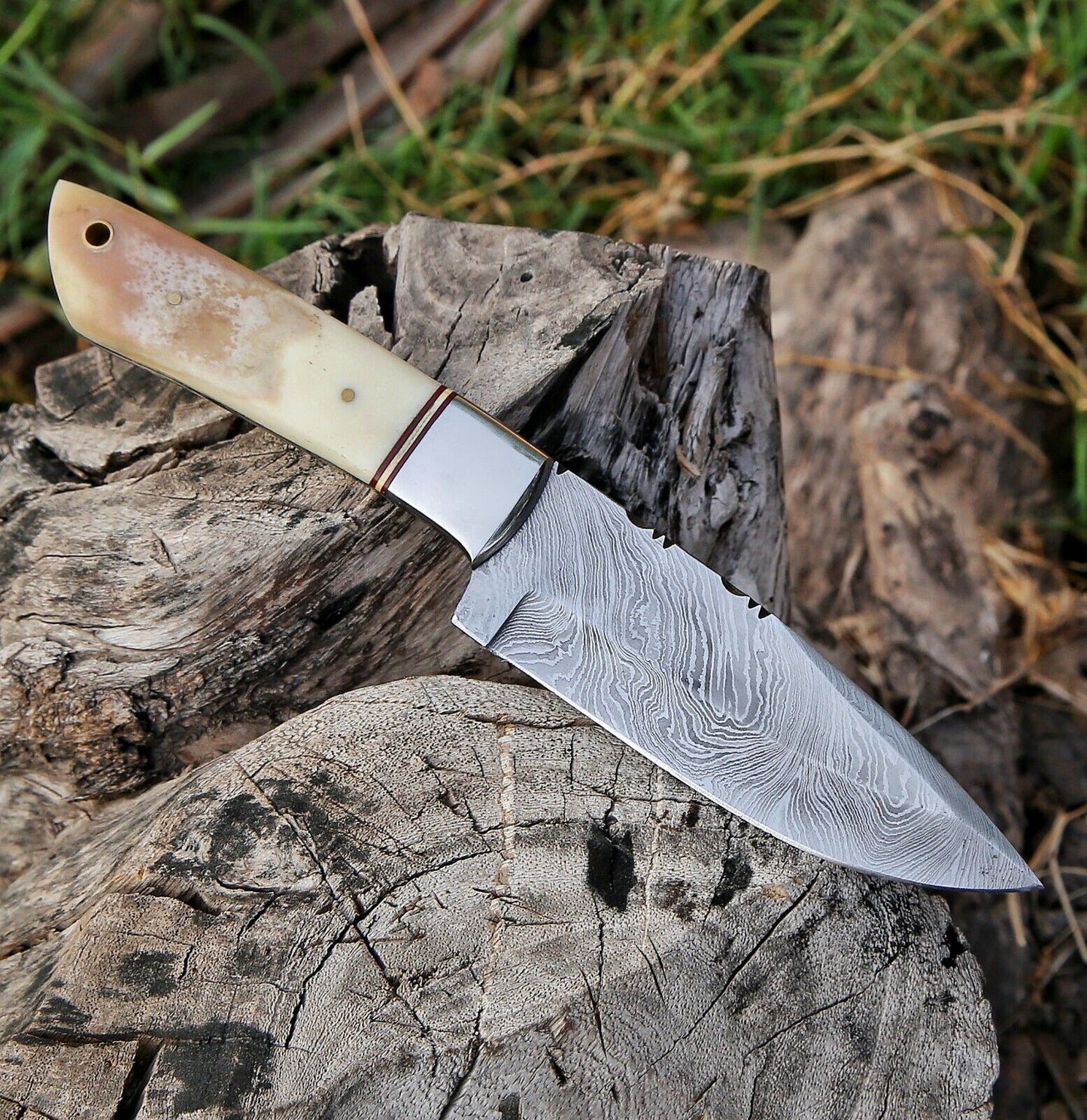 Damascus Knife with Full Tang and Camel Bone Handle