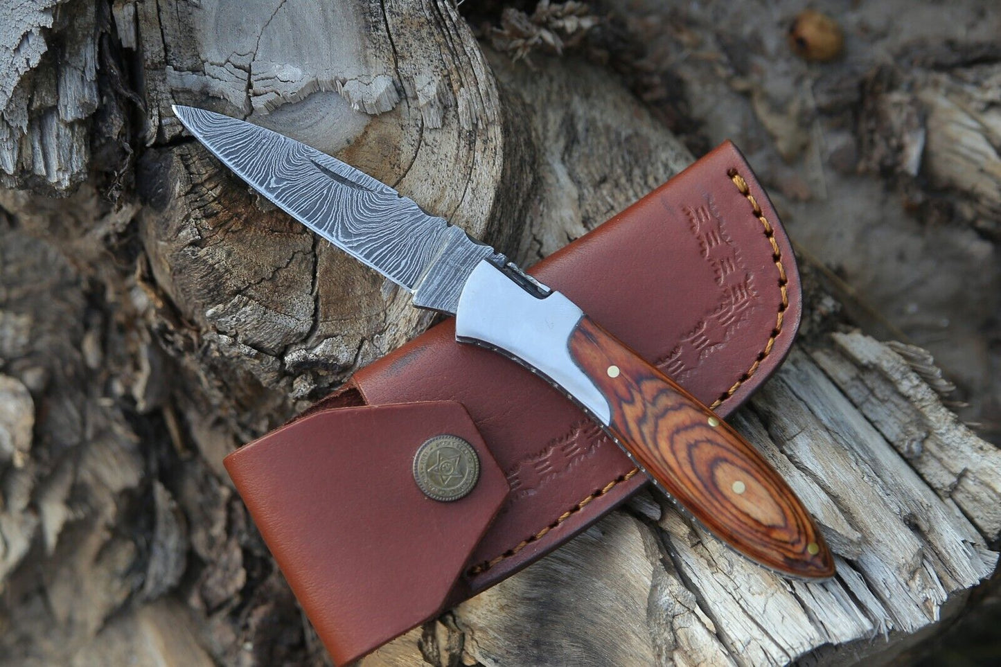 Damascus Folding Pocket Knife for Camping and Skinning