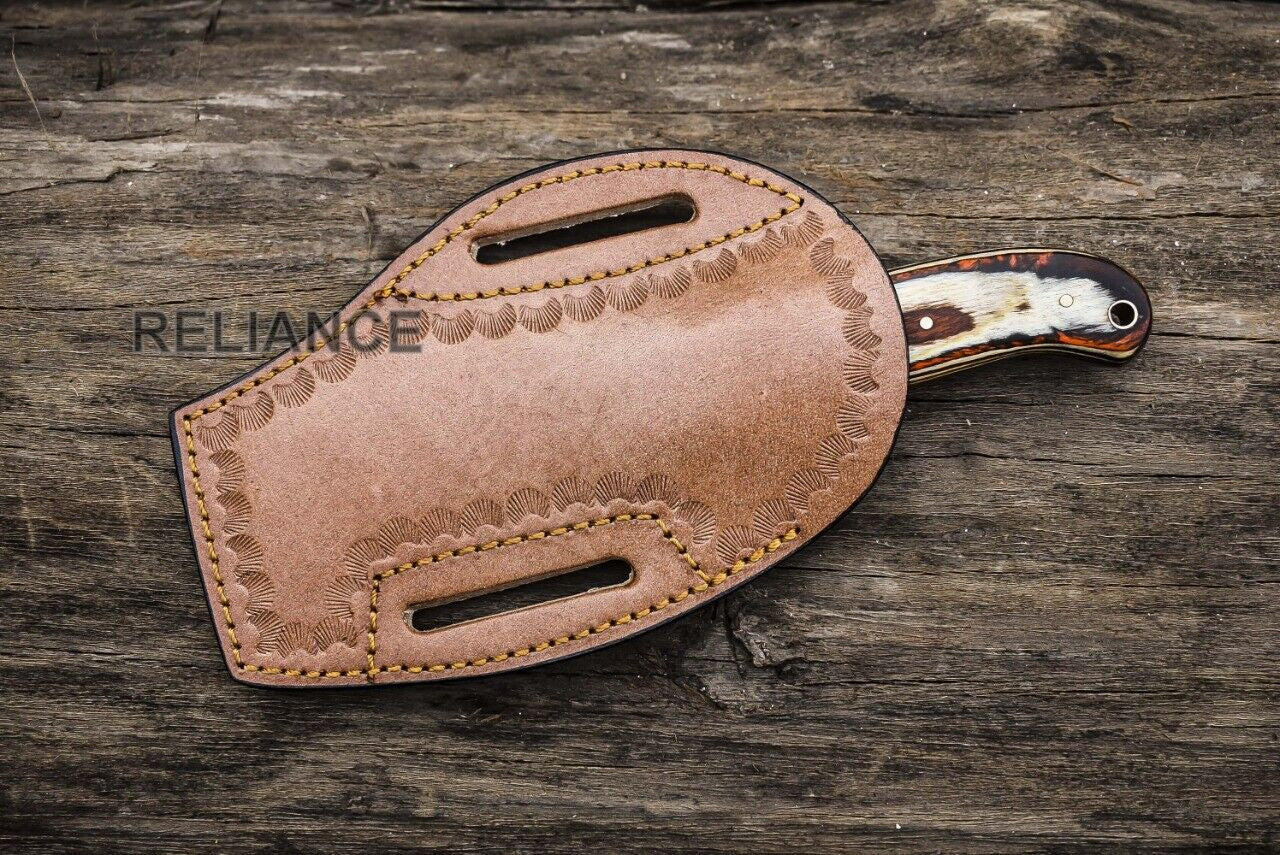 Hand-Forged Damascus Bull Cutter Knife - Cowboy Style EDC with Leather Sheath