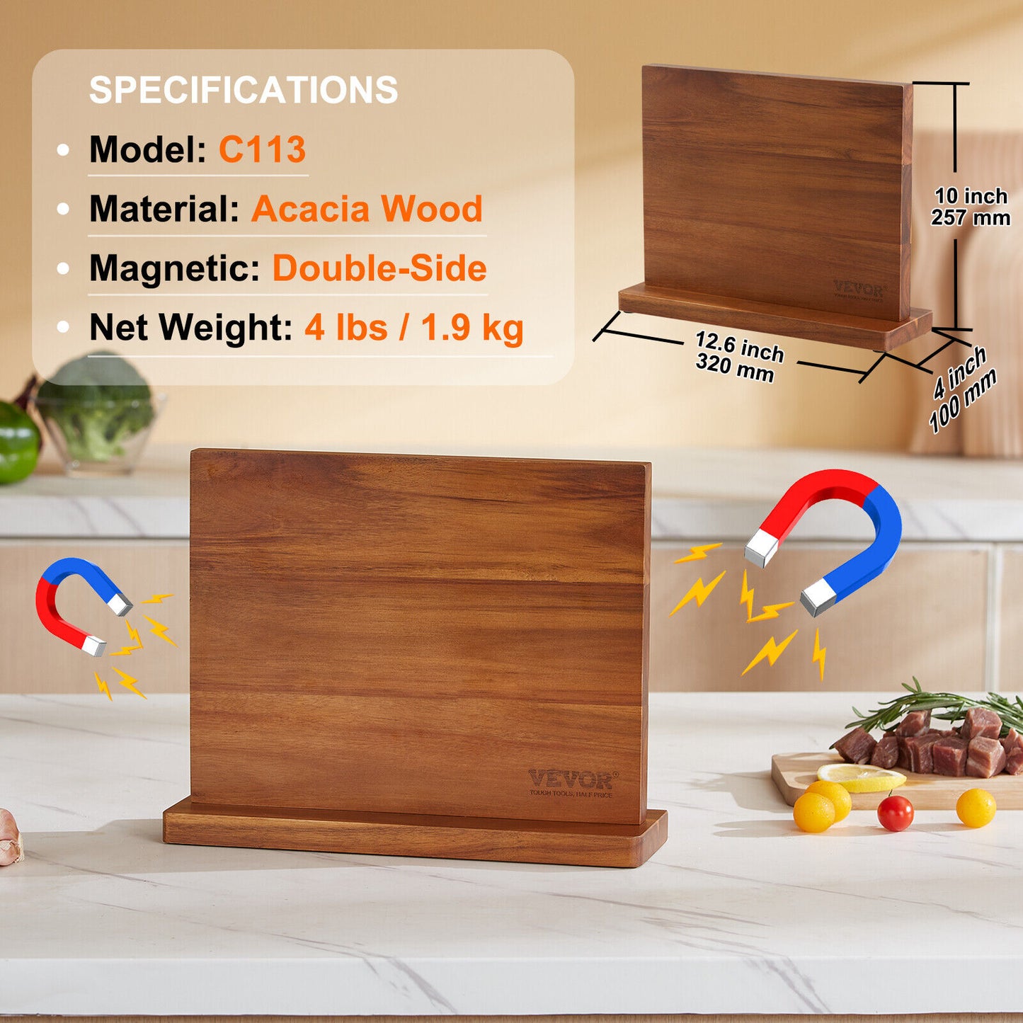 VEVOR Magnetic Knife Block Stand with Acacia Wood