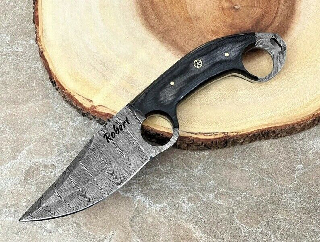 Engraved Damascus Fixed Blade Knife with Wood Handle