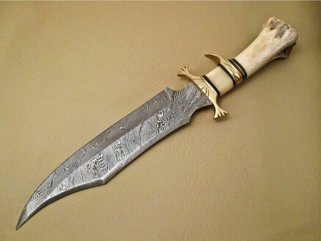 Custom Damascus Steel Bowie Knife with Camel Bone Handle