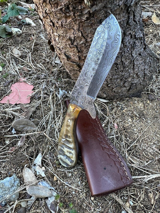 Damascus Steel Fixed Blade Knife with Ram Horn Handle