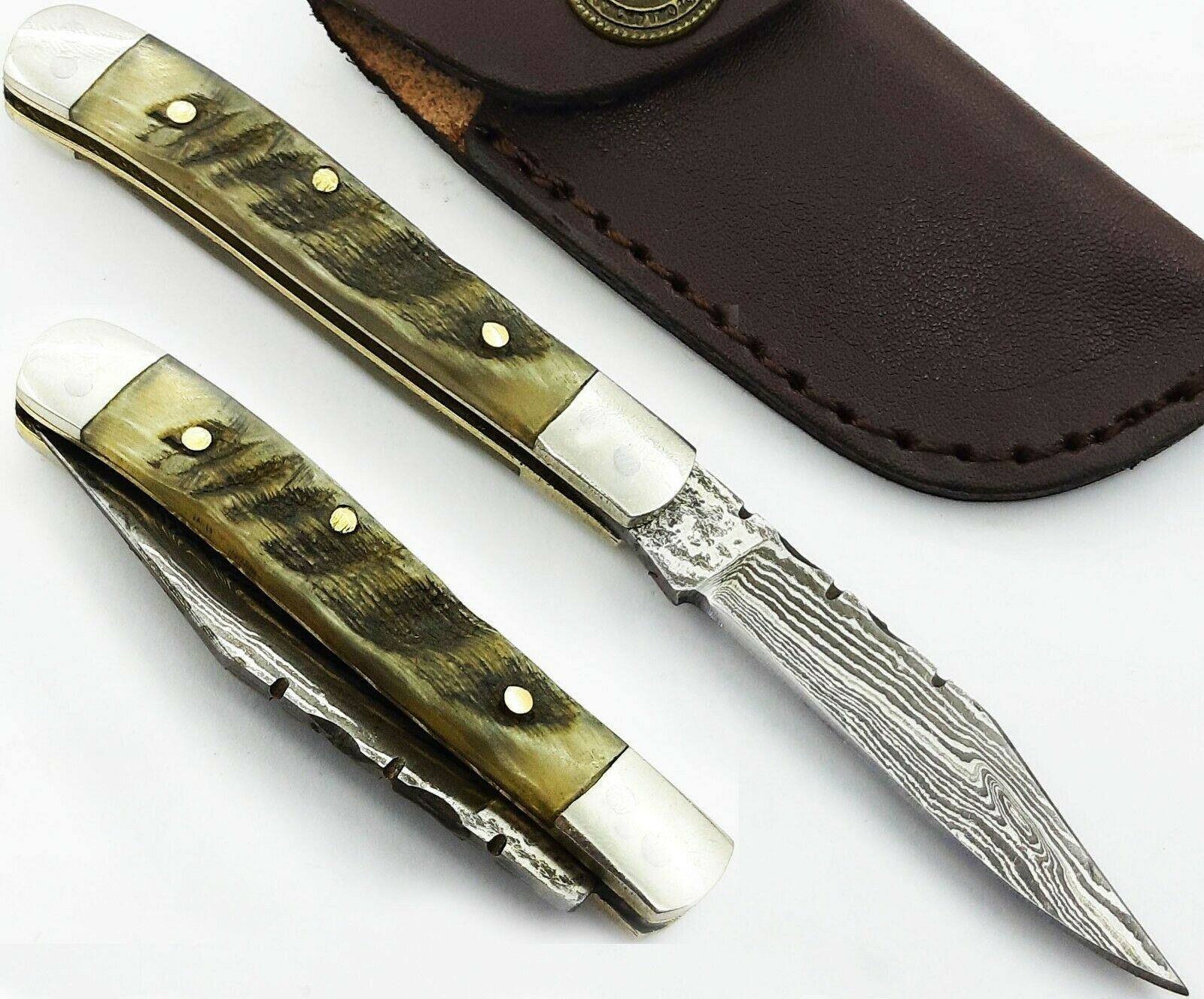 Damascus Folding Mini Pocket Knife with Ram Horn