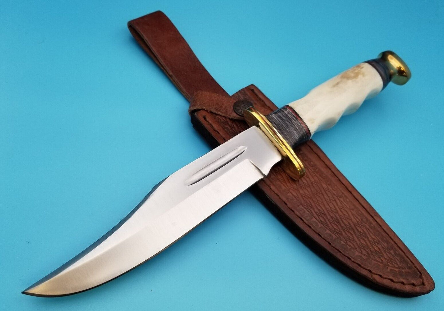 Bowie Knife with White Bone Handle and Sheath