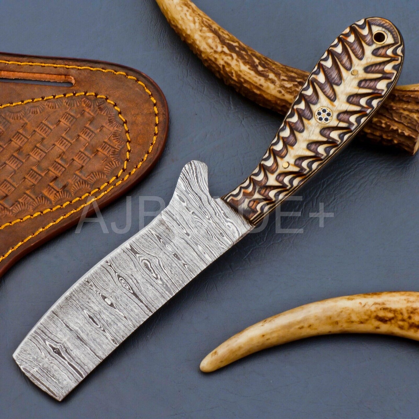 Damascus Cutter Knife with Bone Handle and Sheath