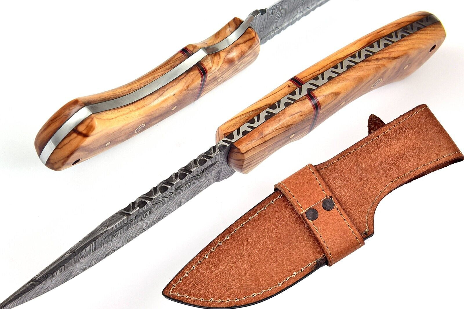 Custom Damascus Fixed Blade Knife with Leather Sheath