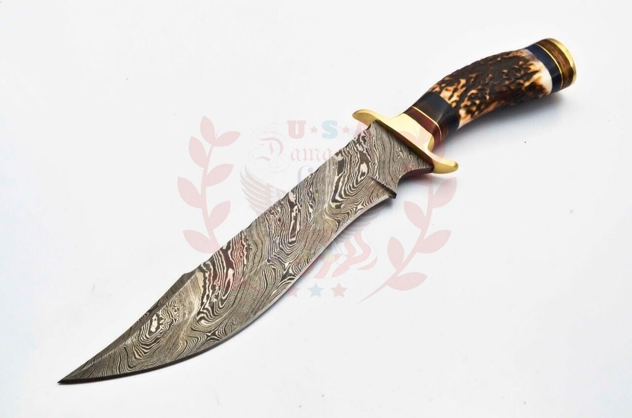 Handmade Damascus Steel Bowie Knife with Deer Antler Handle