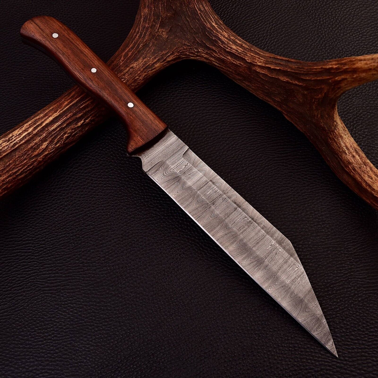 Hand-Forged Viking Chef Knife with Damascus Steel and Sheath