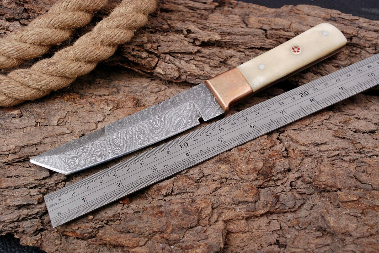 Damascus Knife with Bone Handle and Sheath