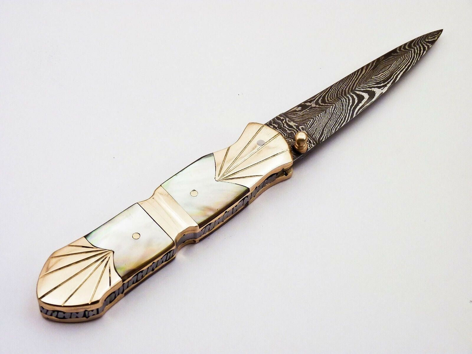 Damascus Folding Pocket Knife with Pearl Handle