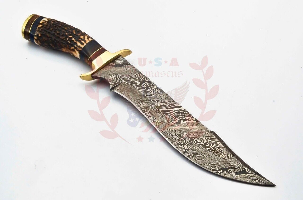 Handmade Damascus Steel Bowie Knife with Deer Antler Handle