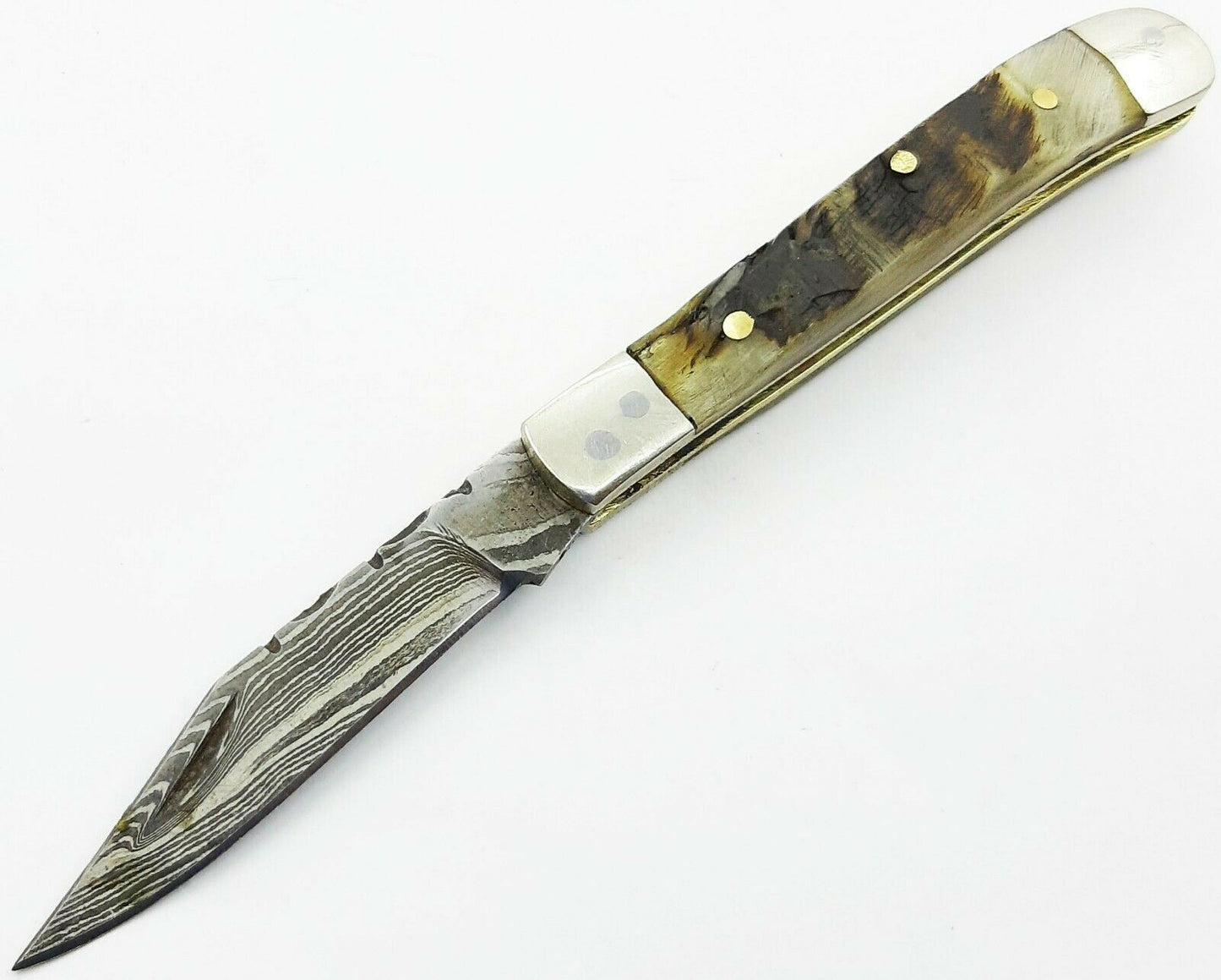 Damascus Folding Mini Pocket Knife with Ram Horn