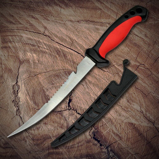 Fishing Fillet Knife with Serrated Edge and Red Grip Handle