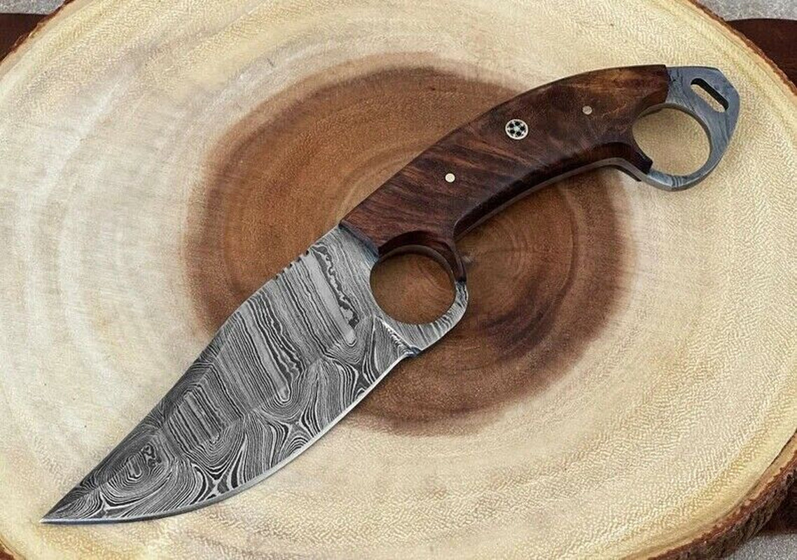 Engraved Damascus Fixed Blade Knife with Wood Handle