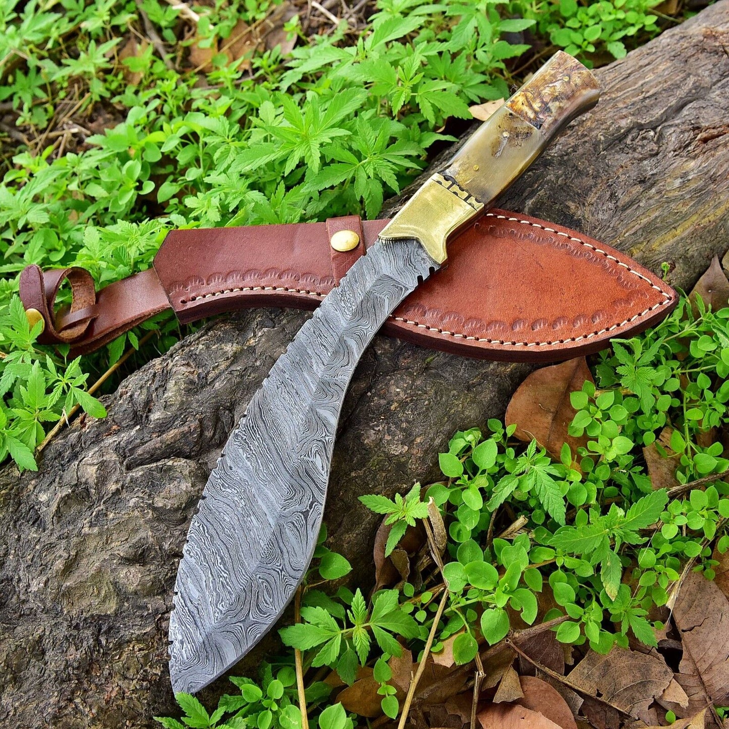 Handmade Damascus Steel Kukri Knife with Ram Horn Handle