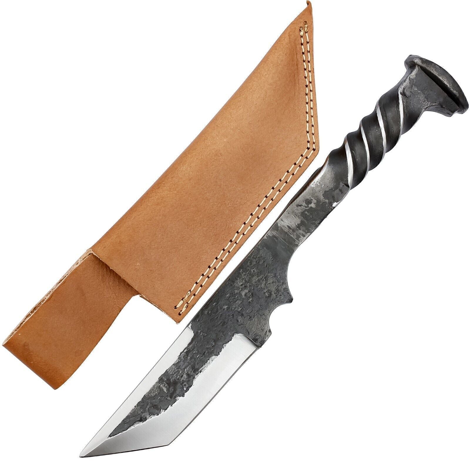 Full Tang Tanto Knife with Railroad Spike Design and Leather Sheath