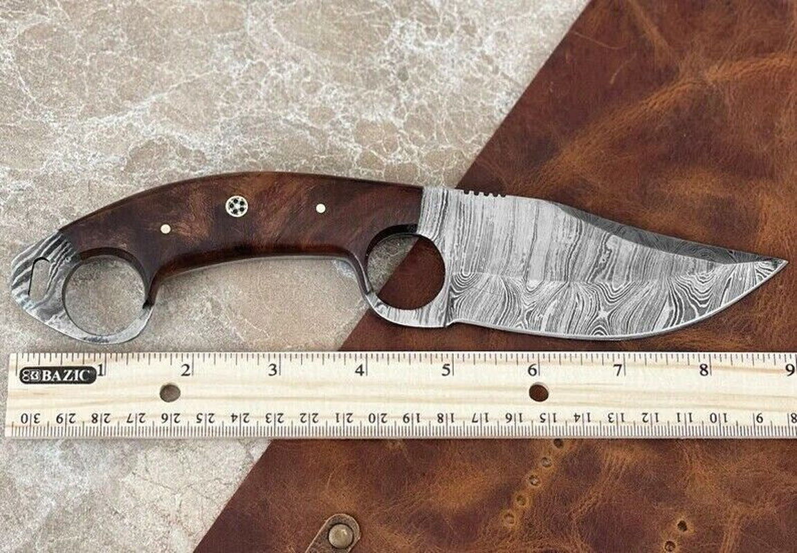 Engraved Damascus Fixed Blade Knife with Wood Handle