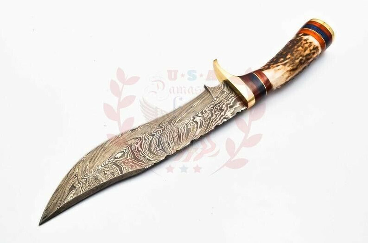 Custom Damascus Steel Bowie Knife with Deer Antler Handle