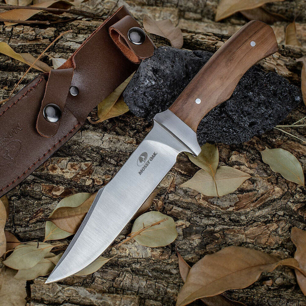 Mossy Oak Full Tang Bowie Knife with Wood Handle and Leather Sheath