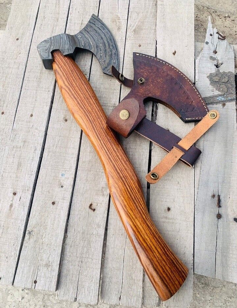 Hand-Forged Damascus Steel Axe with Sheath for Camping