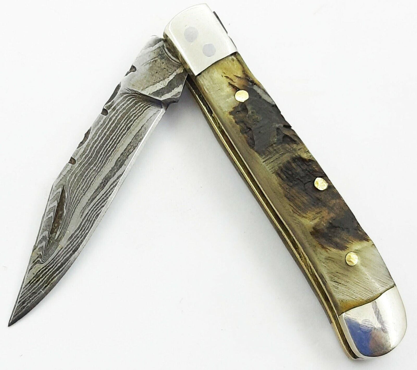 Damascus Folding Mini Pocket Knife with Ram Horn