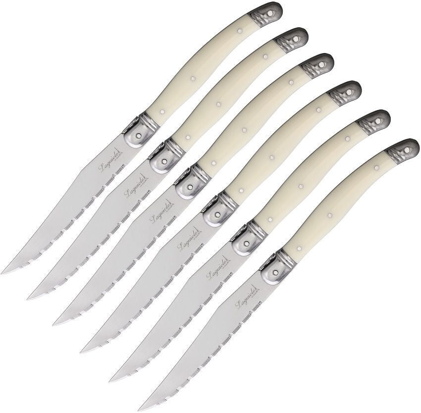 Laguiole Set Kitchen 6 Pc Steak Knife 4.5 Stainless Blade White Synthetic Handle