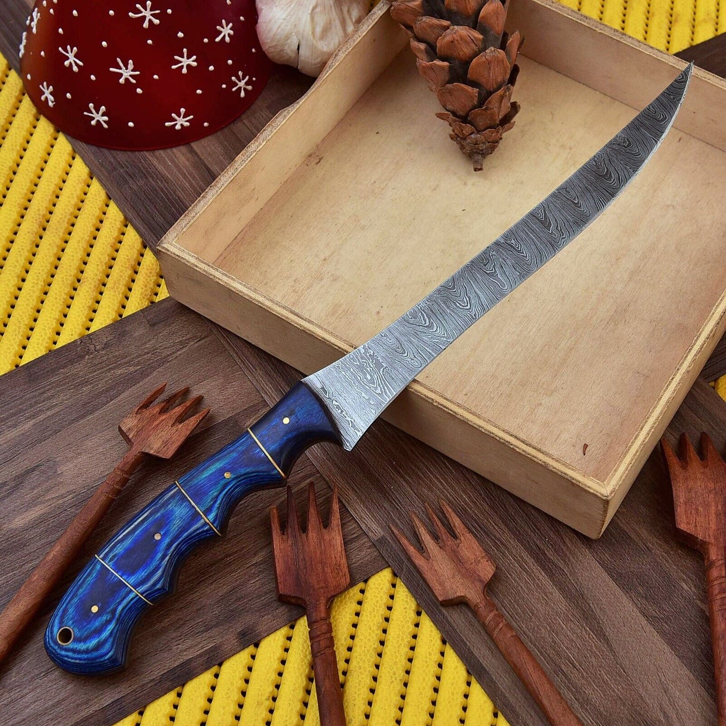 Custom Damascus Fillet Knife with Wood Handle for Chefs