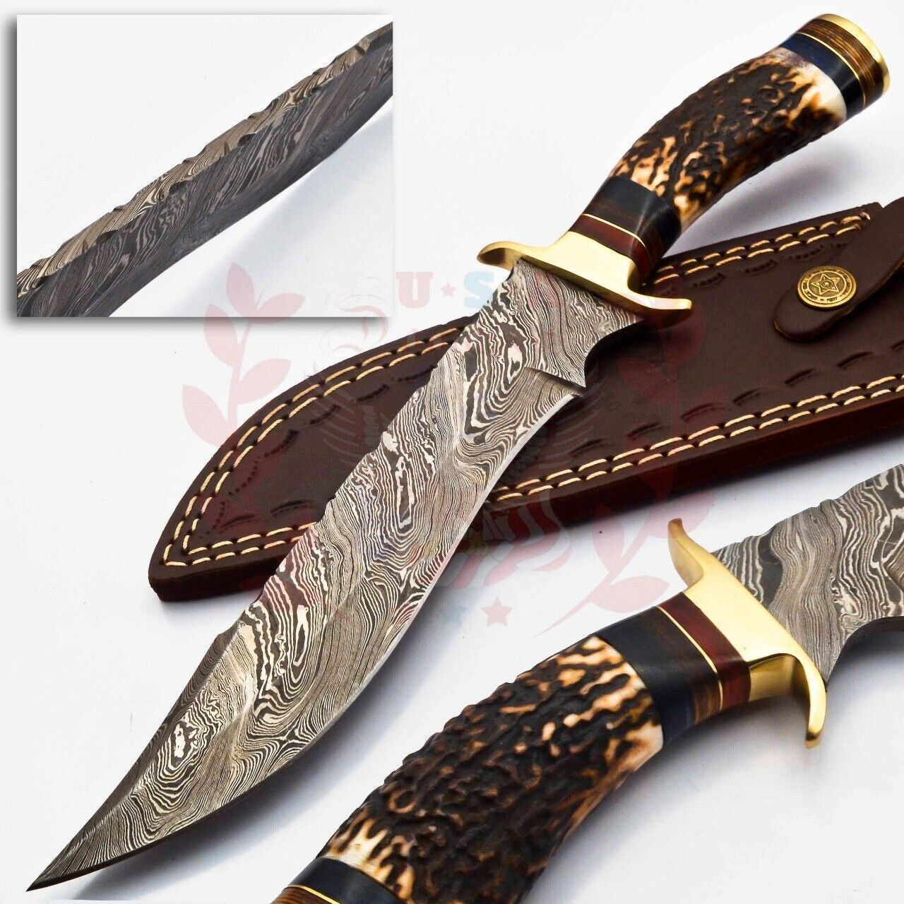 Bowie Hunting Hand Forged Knife with Damascus Steel and Antler Handle