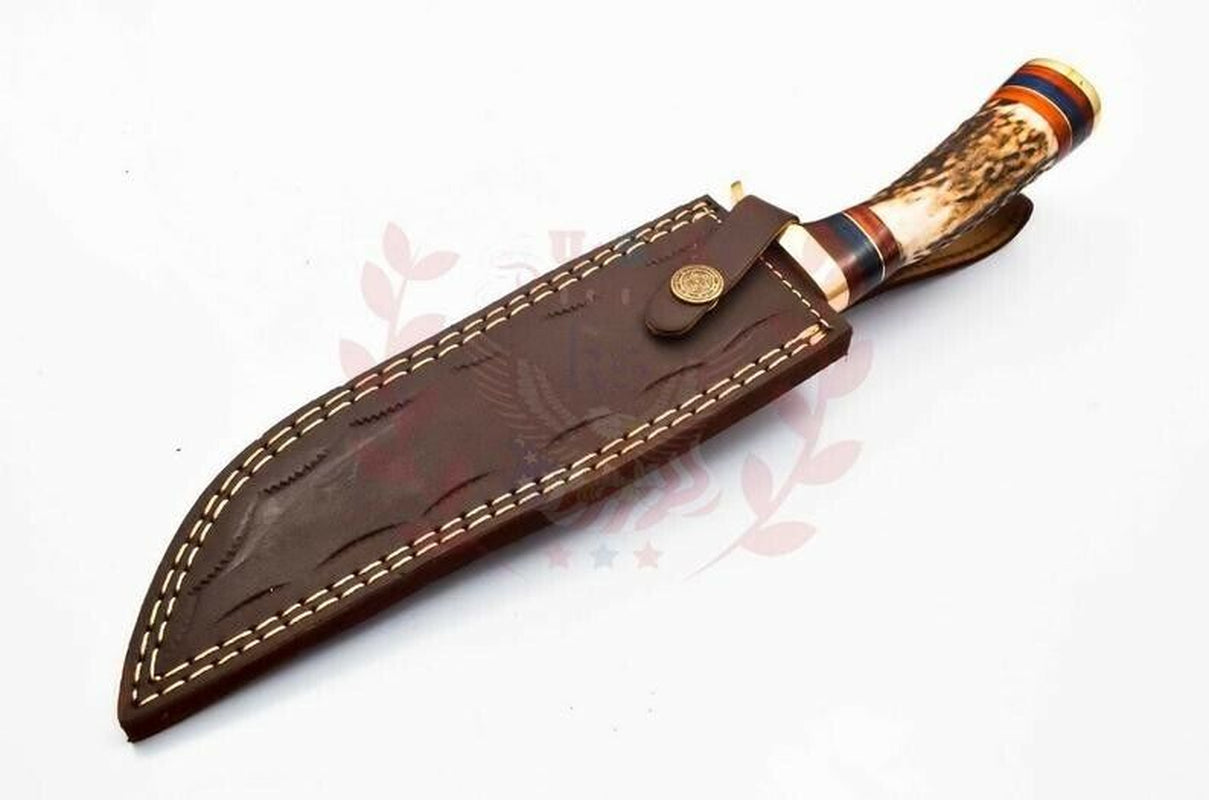 Custom Damascus Steel Bowie Knife with Deer Antler Handle