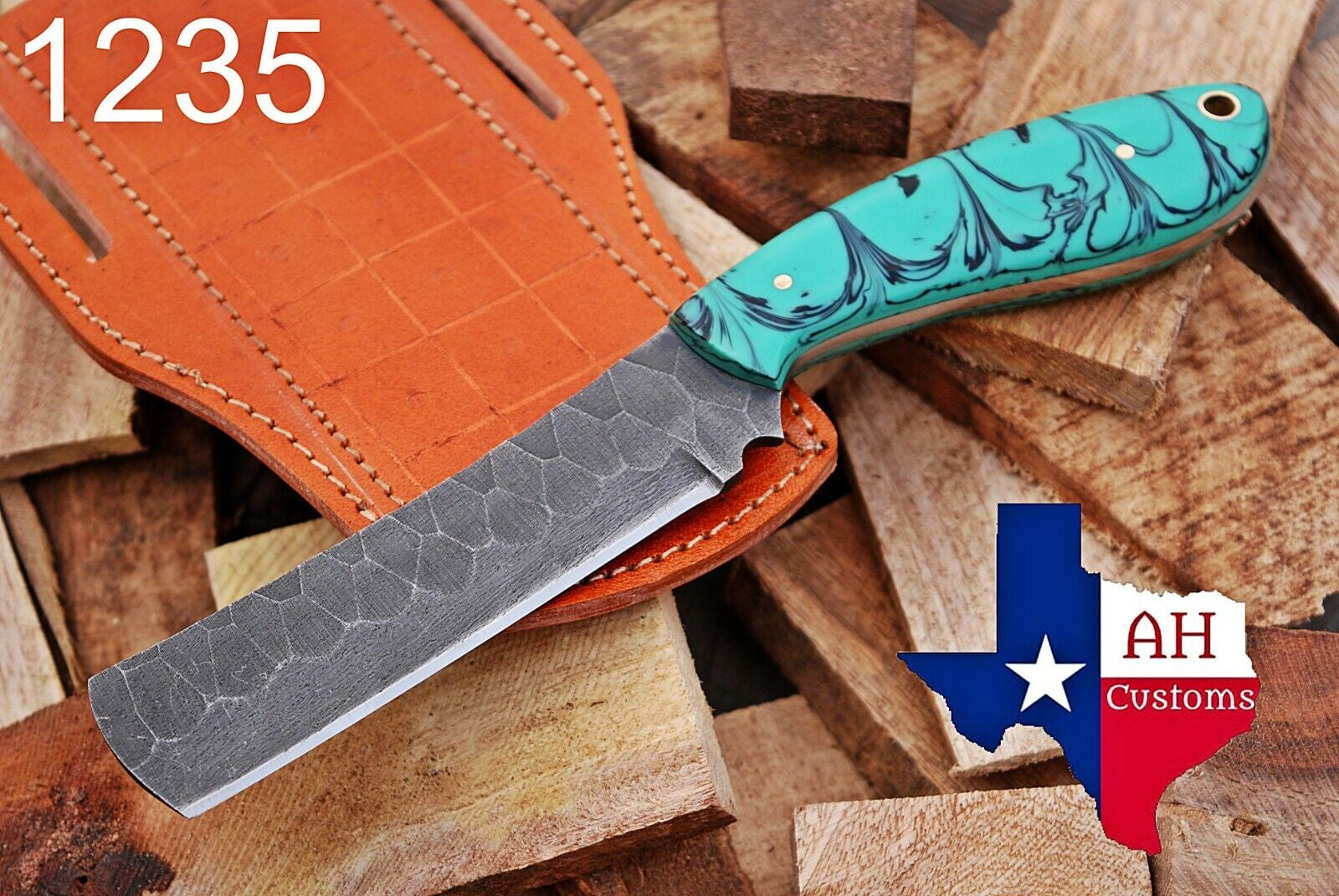 Damascus Steel Bull Cutter Knife - Hand-Forged Cowboy Knife with Resin Handle