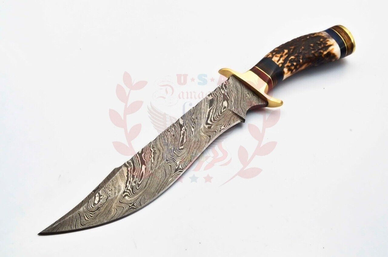 Handmade Damascus Steel Bowie Knife with Deer Antler Handle