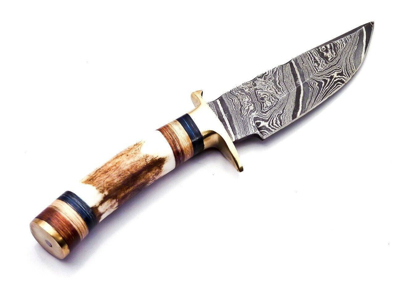 Damascus Steel Hunting Knife with Stag Handle and Brass Guard