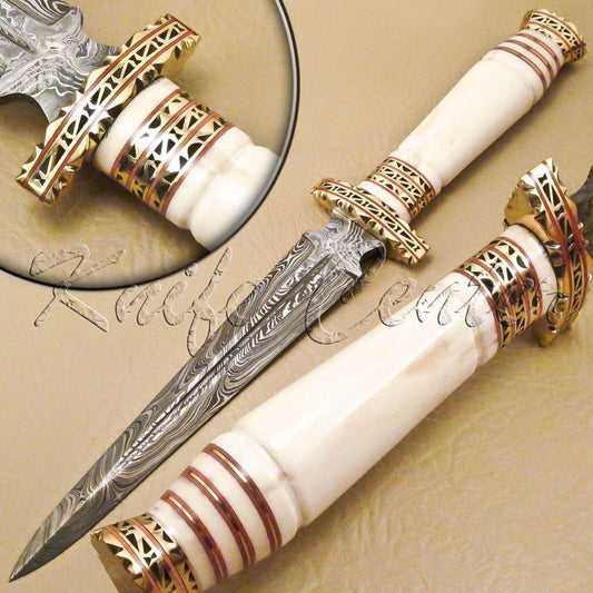 Damascus Dagger Knife with Camel Bone Handle