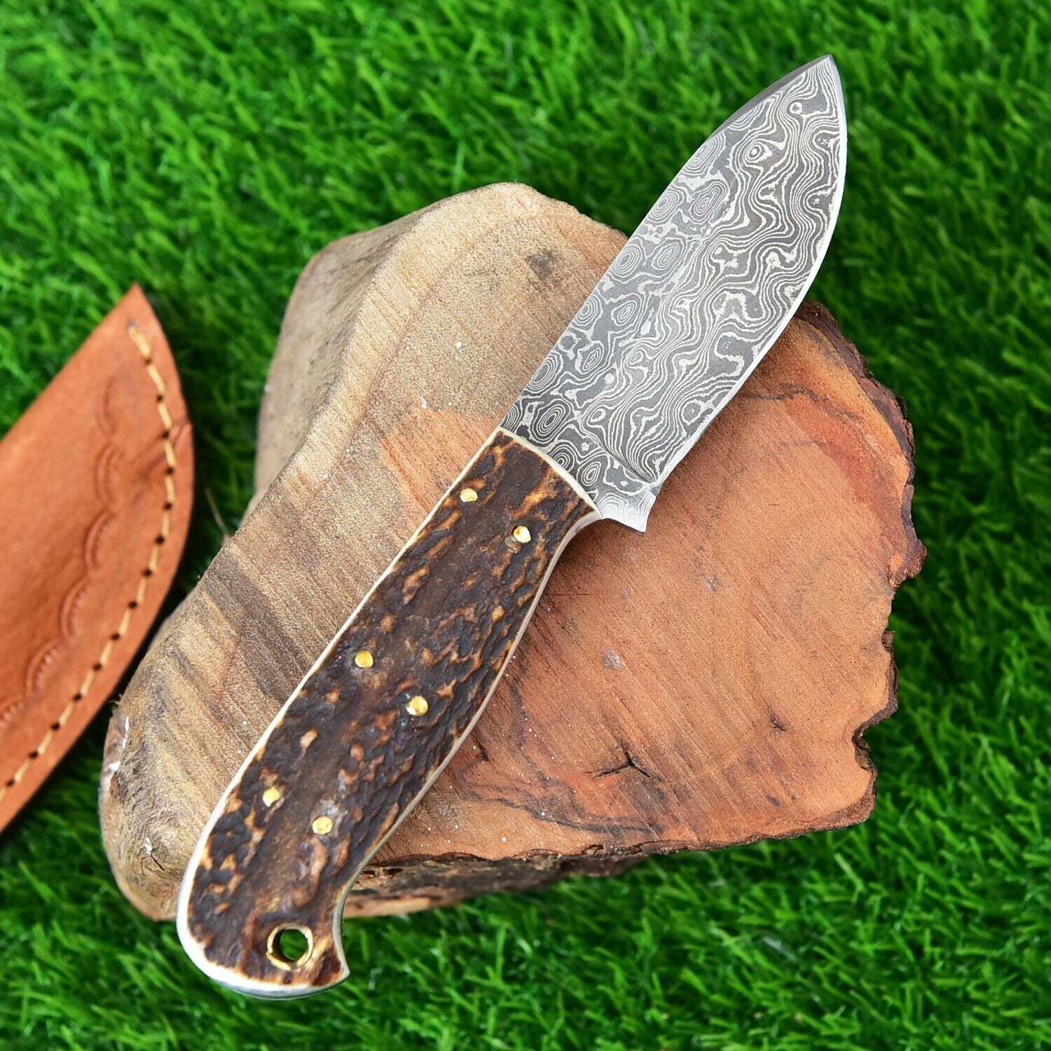 Damascus Hunting Knife with Deer Stag Handle